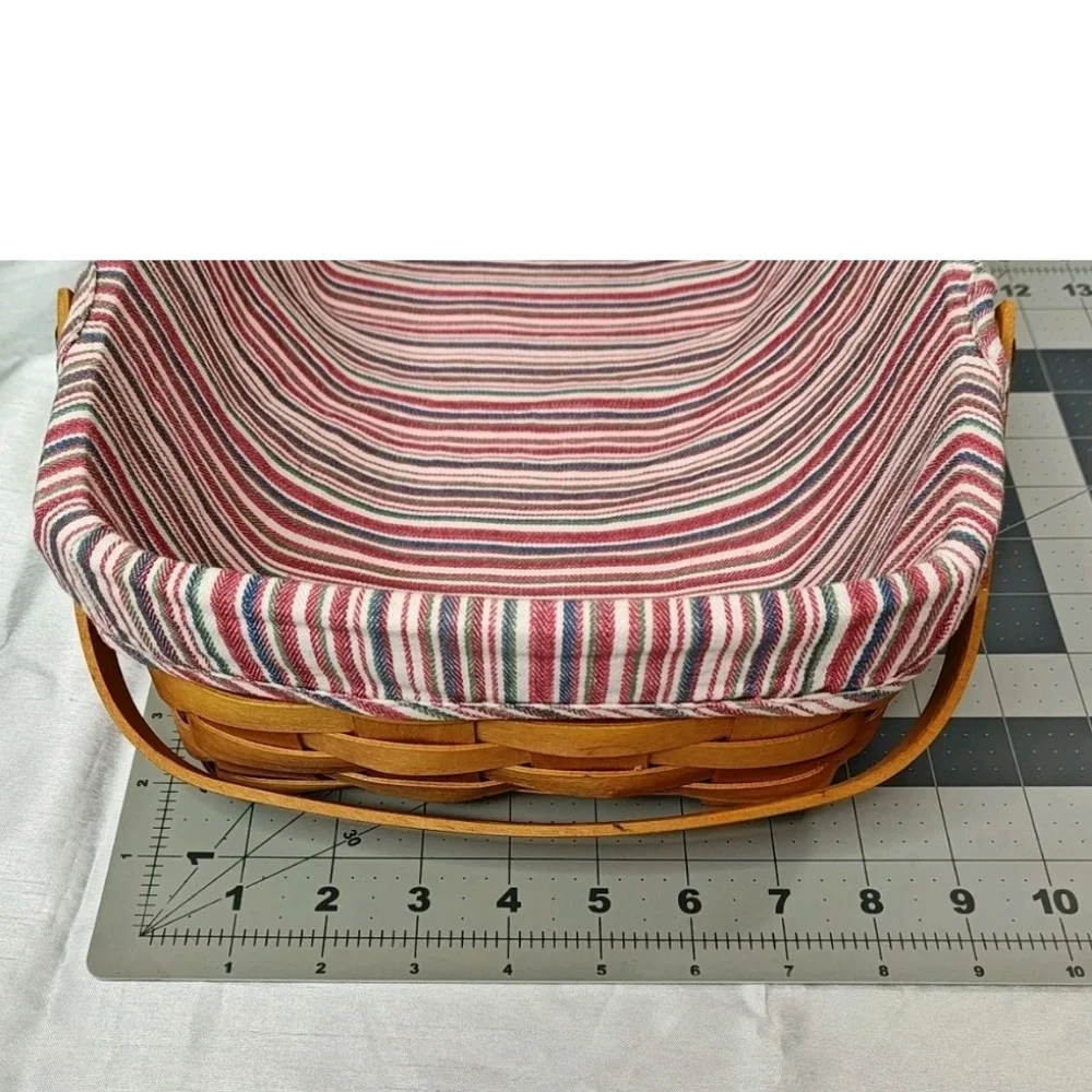 Vtg 90s Longaberger Med Gathering Basket Double Handle Nautical Striped Liner